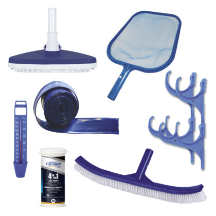 kit of maintenance products for above ground pools brush, test stripe, backwash hose